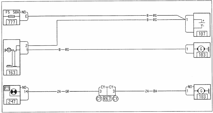 Эксплуатация, обслуживание и ремонт автомобилей Renault Kangoo (Рено Канго) (с двигателем 1.2i D4F и D7F, 1.4i K7J и E7J, 1.6i K4M и K7M, 1.5 DCI K9K, 1.9F8Q, 1.9 TDI F9Q). Принципиальные электрические схемы соединений системы подзарядки аккумуляторной батареи (мод.2001г)