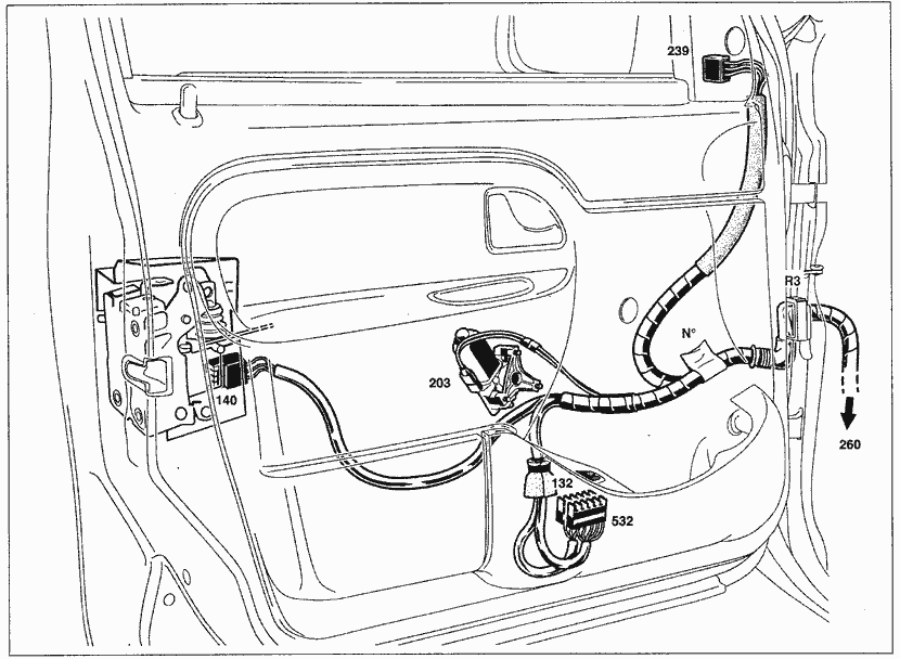 15.2. Эксплуатация, обслуживание и ремонт автомобилей Renault Kangoo (Рено Канго) (с двигателем 1.2i D4F и D7F, 1.4i K7J и E7J, 1.6i K4M и K7M, 1.5 DCI K9K, 1.9F8Q, 1.9 TDI F9Q). Схемы прокладки жгутов проводки в дверях