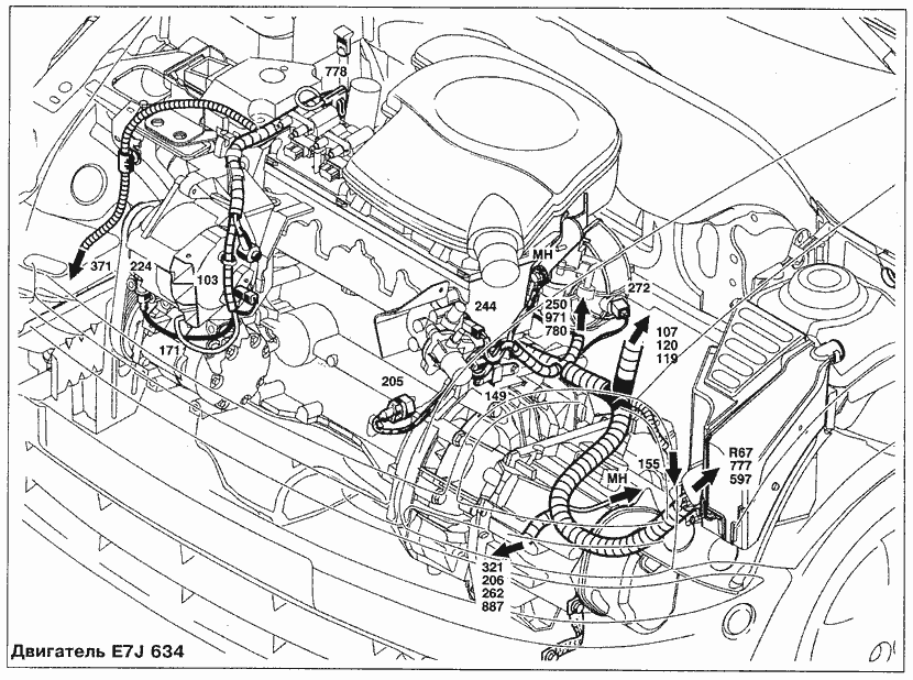 Эксплуатация, обслуживание и ремонт автомобилей Renault Kangoo (Рено Канго) (с двигателем 1.2i D4F и D7F, 1.4i K7J и E7J, 1.6i K4M и K7M, 1.5 DCI K9K, 1.9F8Q, 1.9 TDI F9Q). Схемы прокладки жгутов проводки по двигателю E7J 634